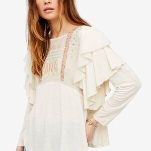 Free People La Cienga Long Sleeve Boho Ruffle Top in Almond